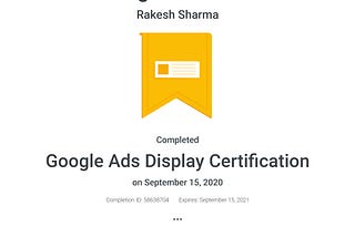 Google ads display Certification by Rakesh Sharma, Bigboxx Media