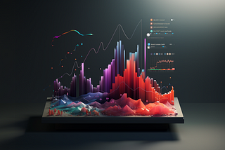 A three-dimensional view of bar charts, scatter plots, and graphs on black background.