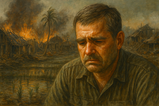 A colorized image of an agonized me at 22-years old with a burning Vietnamese village in the background.