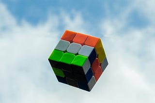 Rubiks cube floating in the sky with clouds