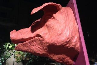 A papier-mâché pig’s head