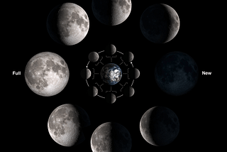 Black background The Earth in the center with an example of each Moon phase surrounding it, then a second image of each phase surrounds them with New, 1st 1/4, full and last 1/4 labled.