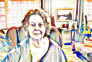 Portrait of the author in her home, an elder woman made of many different patchwork pieces of visual data. Digital art.