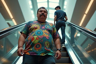 Mustached man with alien shirt looking down as an escalator goes up. A pitchman lies in wait in the background.