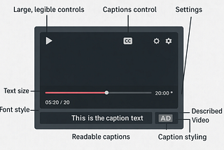 Video player interface with labeled controls: play, captions, settings, and described video. Progress bar shows 5:20/20:00. Caption text displayed.