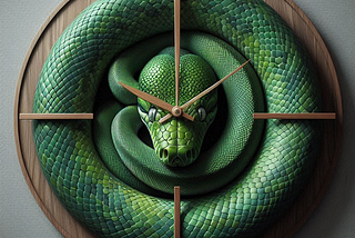 A picture of a wall clock formed by a coiled-up green python.