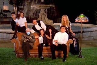 Bernie Sanders in mittens superimposed on opening shot from the TV program Friends in which cast sits outdoors on a couch