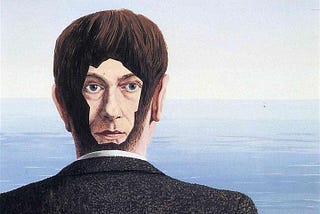 Surrealist painting of the backside of a man wearing a suit, facing a body of water with his face on the back of his head, surrounded by dark brown hair