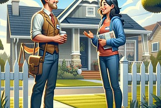 A man and a woman talking in front of a house