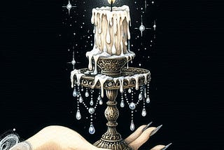 watercolor image. black background. a hand holding a candlestick.a slender white candle is in the candlestick melted was shaped like tiny pearls are dripping down the candle.