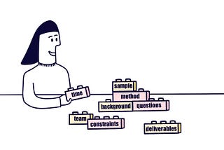 Researcher using building blocks. Each block is labeled with a section of the research plan.