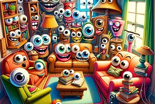 A room full of furniture and home deco with eyes, cartoon style