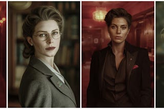 Digitally painted portraits of the four main characters from Secrets of the Velvet Trap: Edith “Eddie” Langley, Dr Eleanor Wentworth, Vivian Moreau, Violet Sinclair. By the author Teresa Wymore.