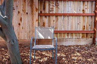 A chair in a back yard by a fence.