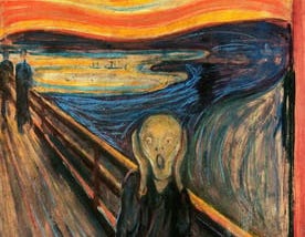 ‘The Scream’ by Edvard Munch, 1893, a dream like painting of a man holding his head with a horrified facial expression.