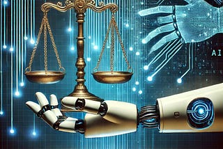 A robotic hand holding a golden scale of justice, symbolizing AI’s role in fairness and ethics against a digital background.