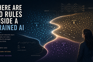 A wide illustration showing a glowing curved decision boundary dividing space into three regions labeled Output A, B, and C, with scattered data points and arrows indicating learning. A woman stands to the side observing the system, while a neural network diagram appears above.