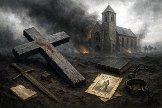 A broken cross lying in ash in front of a smoke-covered church, with symbols of Christian violence — sword, Bible pages, shackles — scattered around.