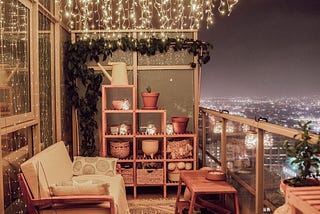 gorgeous NY balcony view ceiling lights mini garden