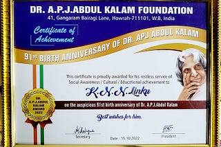 KNN Linku receives Dr. A. P. J. Abdul Kalam Award -2022
