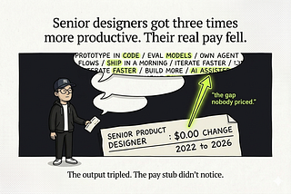 A dark canvas showing an off-white pay stub at lower-right reading “Senior Product Designer, $0.00 change 2022 to 2026,” and three expanding speech bubbles above it labeled with rising output. A neon-lime arrow connects the static pay number to the largest bubble, annotated “the gap nobody priced.” The protagonist stands at the lower-left holding the pay stub.