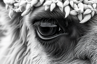 An AI generated black and white image of a close up of a llama eye