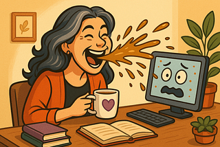 Cartoon image of author laughing and spraying a mouthful of tea at her desk