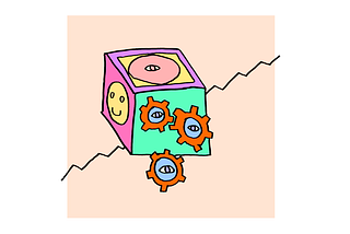 An illustration of a block with a happy face, an eye, and several cogs with eyes on them.