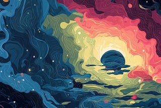 A colorful rendering of what Space could look like abound with reds and yellows, blues and blacks. Not the classic void of space but something more happy and inviting.