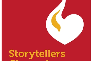 This is a red, yellow and white logo for the Storytellers Channel.