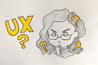a drawing of the author with UX and question marks