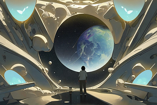 In the image, a young boy stands in contemplation, positioned in front of a breathtaking backdrop of planet Earth. With a sense of wonder in his eyes, he gazes at the vastness of the world before him, deep in thought, as if pondering the profound question of the meaning of life. The Earth, suspended in space, serves as a symbolic representation of the interconnectedness of all living beings and the mysteries of existence.