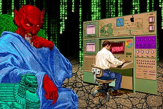 A man working at an old-fashioned control panel covered in dials and buttons. The screen in front of him reads HORROR! in old-fashioned, dripping horror-movie letters. The control panel has the logos of Google, Apple and Meta. To his left sits an enthroned demon, sneering at the viewer. The background is a code waterfall effect as seen in the credit sequences of the Wachowskis’ ‘Matrix’ movies.