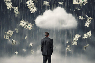 Abstract image of a CFO staring at the cloud. It’s raining dollars and he is contemplating how to make the best use of them.