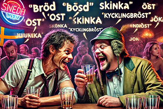 an AI rendering of two very drunk guys at a bar, an obviously american guy talking with a weird swedish guy with swedish word bubbles over their heads.