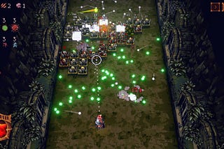 The selectable player character of Ball X Pit (bottom) fires bouncing balls upwards towards an advancing army of skeletons on brick-esque platforms. Damage numbers, particles, and flashing feedback squares litter the screen with information and experience bonuses.