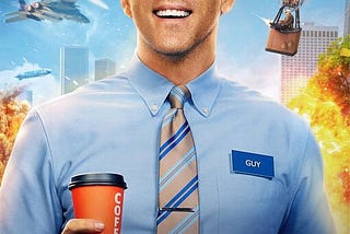 cover of Free Guy movie showing Ryan Reynolds holding a cup of coffee