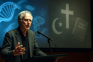 Richard Dawkins giving a speech with science and religion symbols blurred in the background, representing the tension between belief and secular science.