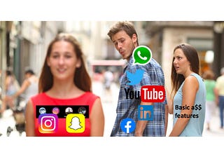 Distracted boyfriend meme: Big social media platforms looking back at instagram story and snap