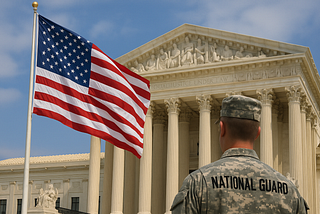 An anonymous National Guardsman gazing up at the U.S. flag and the Supreme Court building