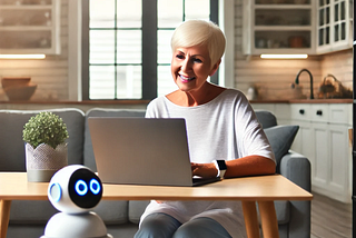 An older woman sitting in front of a laptop looking at a small, friendly robot.