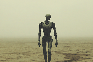 Love robot walking in a desolate land