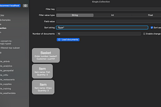 The desktop tool is showing documents from the “Single.Collection” collection. Rather than showing the document as generic JSON, the app shows tiles for the basket and for each of the 2 items. Each tile renders data from the associated document in a format that makes sense for that document type.