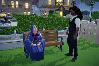 Screenshot from Disney Dreamlight Valley. The Fairy Godmother (from Cinderella) is sitting on a bench outdoors, looking up at a character with brown skin and long wavy dark hair.