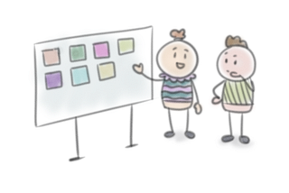 Illustration of two persons reviewing a project board during a feedback session.