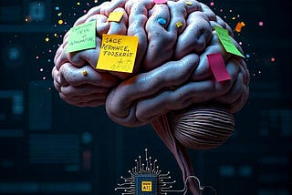 A human brain covered in colorful sticky notes and scribbles connected to a tiny AI microchip — symbolizing the messy mistakes and flaws that make us human