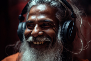 Indian man listening to music on headphones, smiling