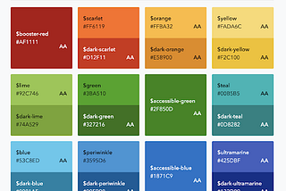 A color grid representing 23andMe’s color palette. Each color includes the color name, hex value, and WCAG conformance level.