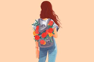 Illustration of a girl wearing a backpack overflowing with colorful flowers.