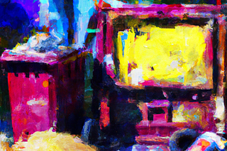 An Impressionist Oil Painting of trash and a Computer, generated by Dalle-2 AI.